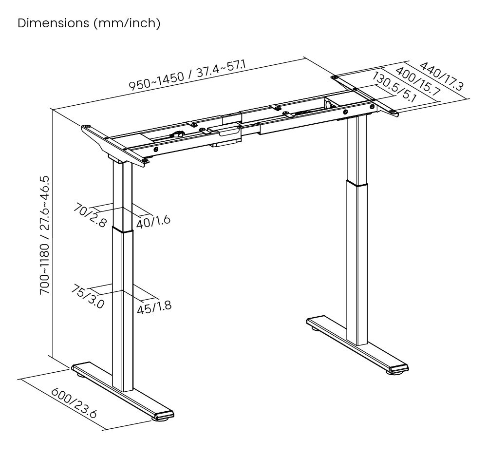 BRATECK σκελετός ηλεκτρικού γραφείου M12-22D, 95~145x60x70~118cm, μαύρο - Image 6