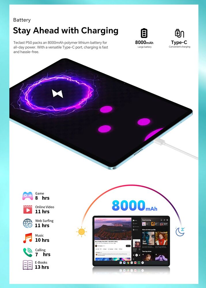 TECLAST tablet P50, 11", 6/128GB, 4G, Android 14, 8000mAh, μπλε - Image 3