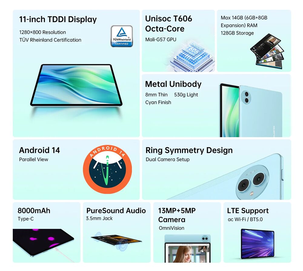 TECLAST tablet P50, 11", 6/128GB, 4G, Android 14, 8000mAh, μπλε - Image 8