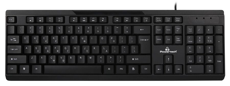 POWERTECH πληκτρολόγιο PT-1069, ενσύρματο, multimedia, EN/GR, μαύρο