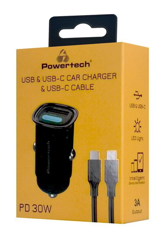 POWERTECH φορτιστής αυτοκινήτου PT-1229, καλώδιο, USB/USB-C, 30W, μαύρος - Image 2