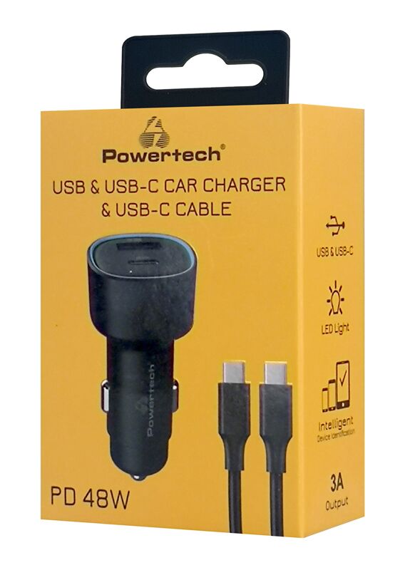 POWERTECH φορτιστής αυτοκινήτου PT-1230, καλώδιο, USB/USB-C, 48W, μαύρος - Image 2