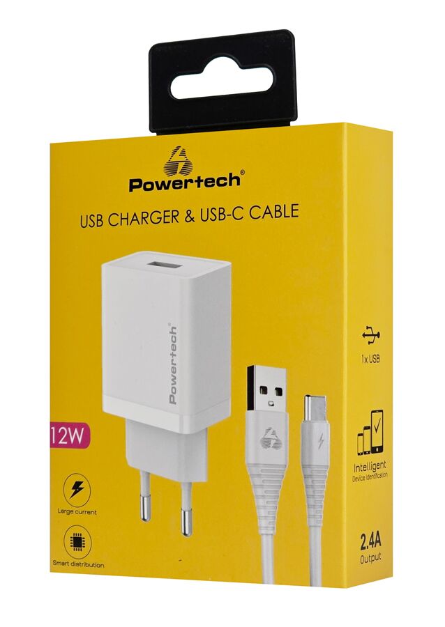 POWERTECH φορτιστής τοίχου PT-1322 με καλώδιο USB-C, USB, 12W, λευκός - Image 2