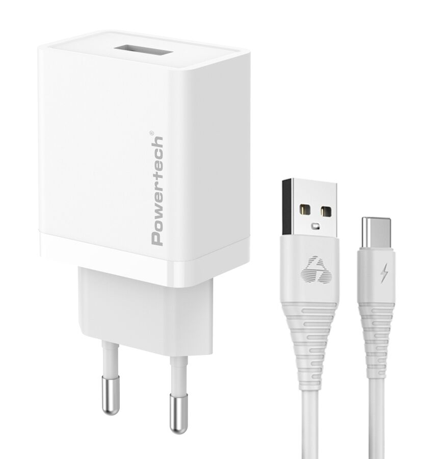 POWERTECH φορτιστής τοίχου PT-1322 με καλώδιο USB-C, USB, 12W, λευκός