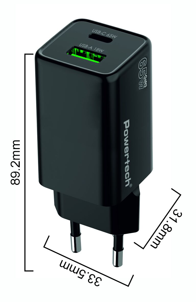 POWERTECH φορτιστής τοίχου PT-1501, USB/USB-C, 65W, GaN, μαύρος - Image 5