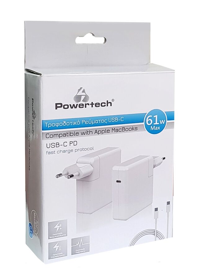 POWERTECH Φορτιστής laptop PT-704 για Apple, USB Type-C PD, 61W, λευκό - Image 3