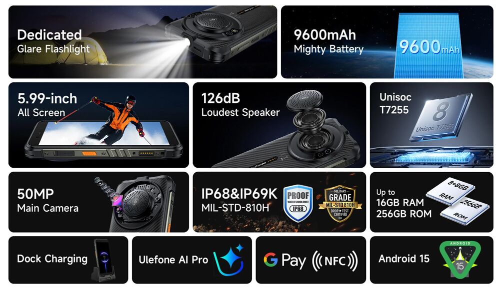 ULEFONE smartphone RugKing με ηχείο 3.5W, 5.99", 8/256GB, 9600mAh, IP68/IP69K, μαύρο - Image 11
