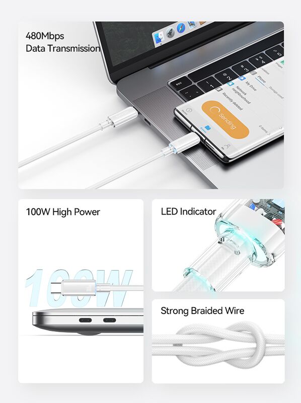 USAMS καλώδιο USB-C σε USB-C US-SJ660, 100W, 480Mbps, 1.2m, μαύρο - Image 2