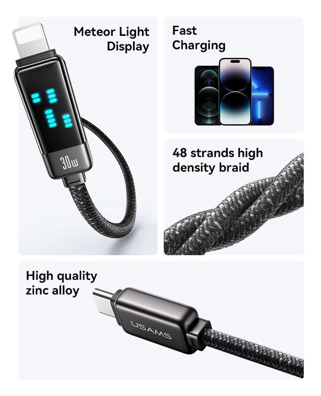 USAMS καλώδιο Lightning σε USB-C SJ743, 30W, 480Mbps, 1.2m, μαύρο - Image 2