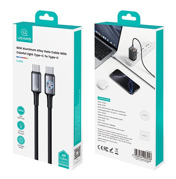 USAMS καλώδιο USB-C SJ752, 60W, 480Mbps, 1.2m, μαύρο - Image 4