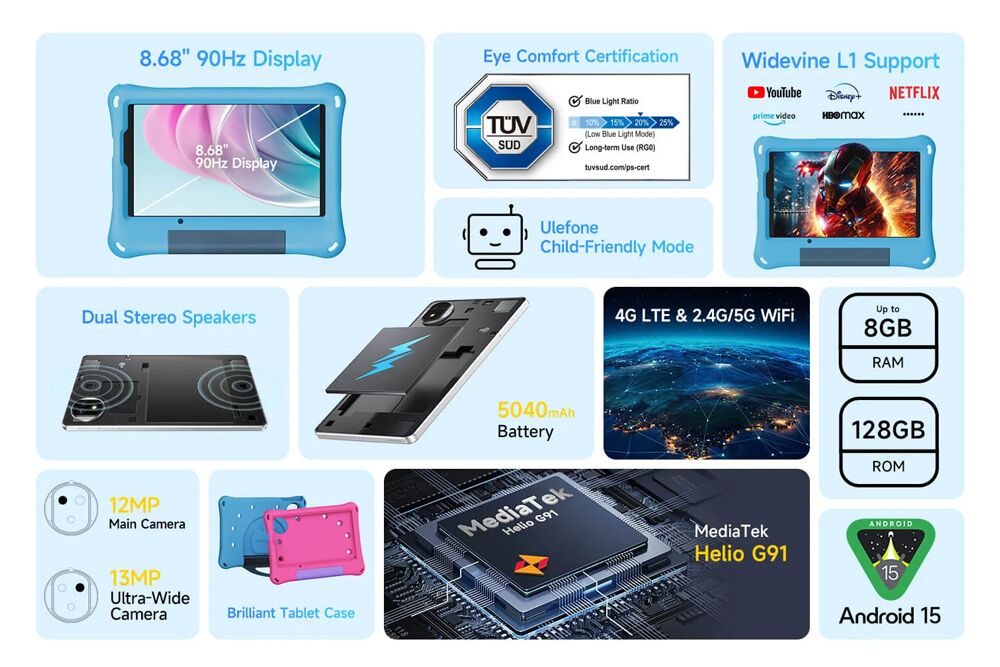 ULEFONE tablet Tab A9 Pro Kids, 8.68", 4/128GB, 4G, Android 15, 5040mAh, ροζ - Image 8