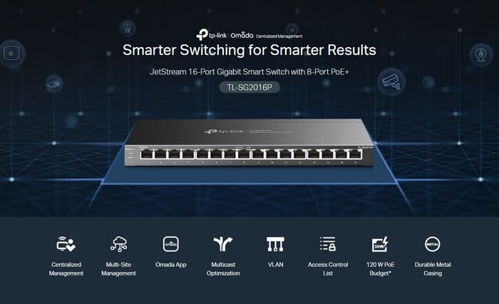 TP-LINK JetStream switch TL-SG2016P, 16-Port Gigabit, 8x PoE+, Ver. 1.0 - Image 2