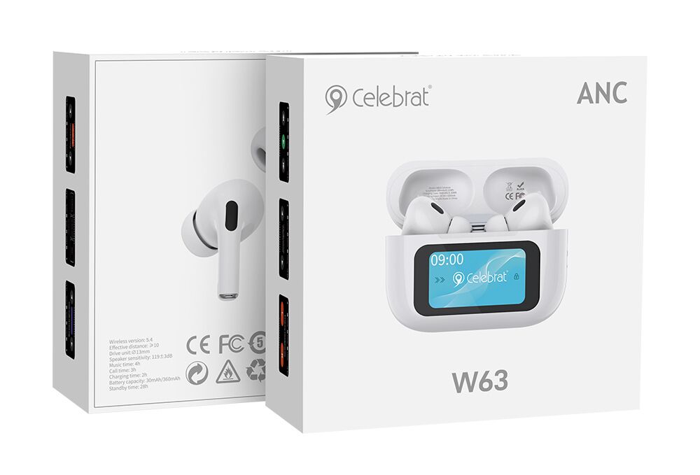CELEBRAT earphones με θήκη φόρτισης W63, οθόνη αφής, TWS, ANC, 13mm, 30/360mAh, λευκό - Image 4