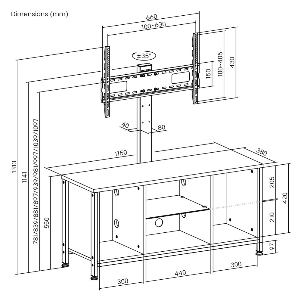 BRATECK έπιπλο τηλεόρασης με βάση WP2006ST-BR, 37-75", 115x38x131.3cm, καφέ - Image 4